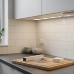 LED strip onder een keukenkast met een aluminium profiel, afdekkap en voeding op het werkblad.