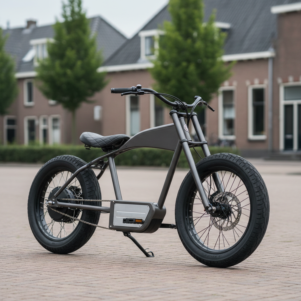 Een elektrische chopper met laag zadel, brede banden en gebogen stuur op een bestraat terrein.