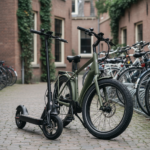 Een elektrische step en een elektrische fatbike staan naast elkaar in een fietsenstalling.